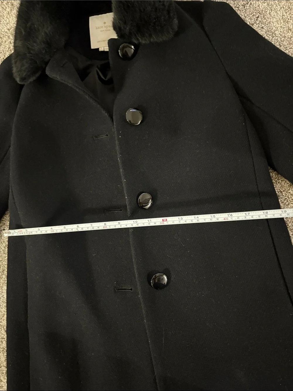 kate spade Black Faux-Fur Trim Wool Pea Coat